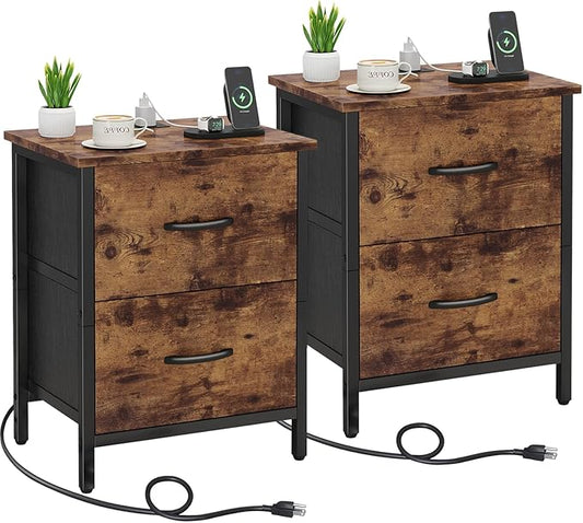 Vagusicc Nightstand Set of 2 with Charging Station, End Table Bedside Table with Power Outlet & USB Ports, Side Table with 2 Fabric Drawers for Bedroom, Living Room, Rustic Brown