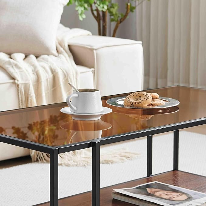 Shrine Glass Coffee Table, Modern Design, Dual-Layer Coffee Table for Living Room, Black-Plated Metal Frame, Brown Glass Top, Walnut Wood Panels