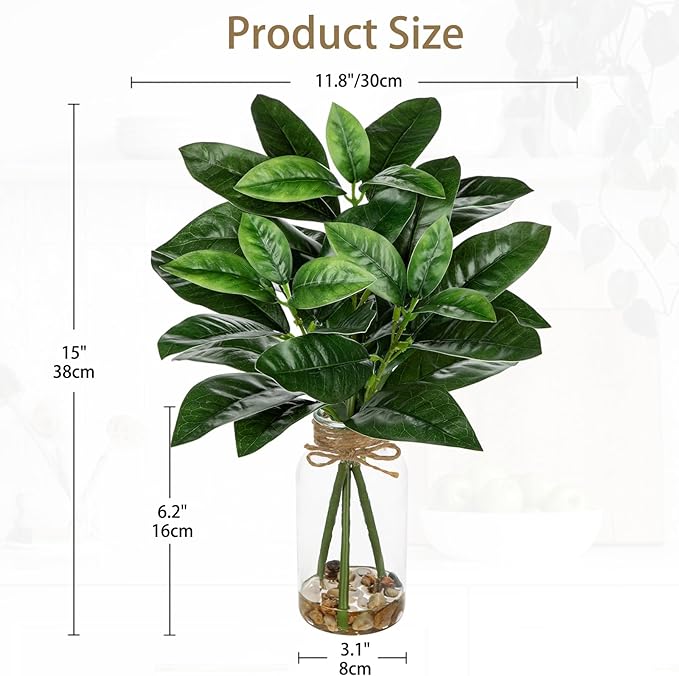 DILATATA Artificial Magnolia Stems in Glass Vase with Faux Water and Real Stones 15" Fake Greenery Plant Magnolia Leaves for Home Office Farmhouse Bathroom Bedroom Kitchen Table Centerpiece Decor