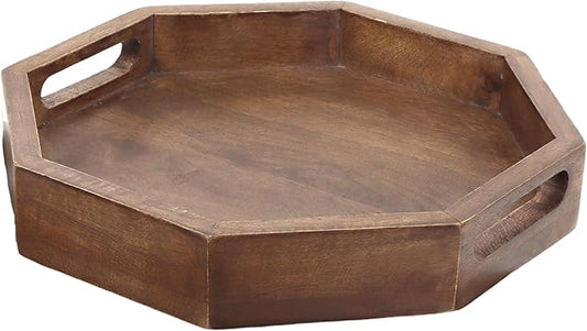 12" Rustic Wooden Serving Tray - Decorative Wood Serving Tray with Handles for Coffee Table, Breakfast in Bed, Food Dinner, Rustic Octagonal Tray (Walnut) - CLEENTABLE