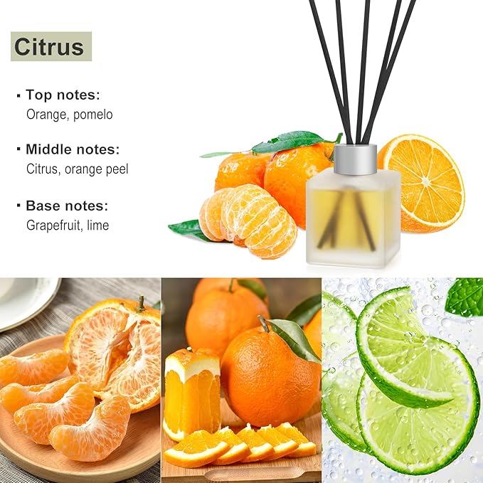 Reed Diffuser, Citrus & Orange Scented Oils Home Fragrance, 3.4fl oz(100ml) Long Lasting Fruity Air Freshener, Essential Oil for Bathroom Guest Room Decor (2 Pack)