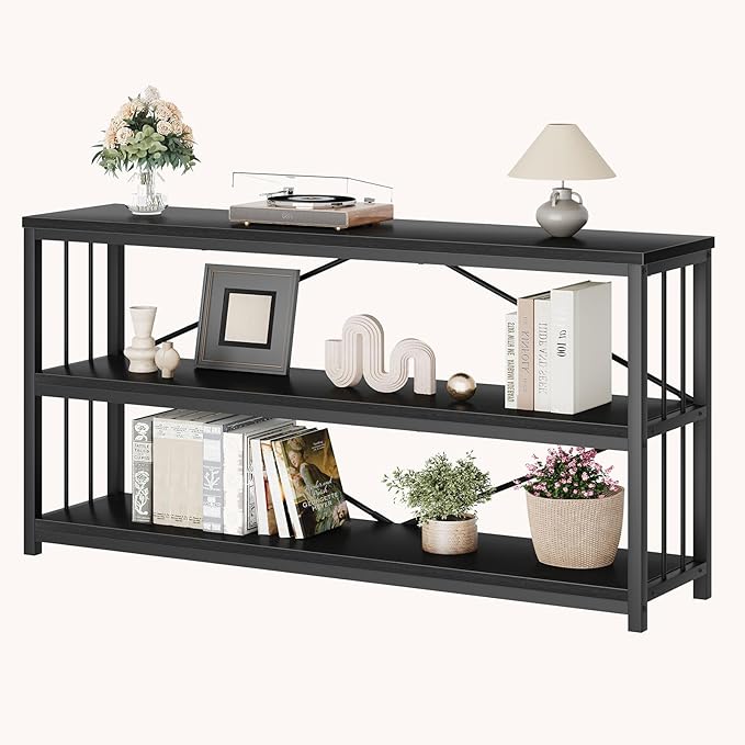 LVB Black Entryway Table, Modern Narrow Console for Hallway, Industrial Farmhouse Foyer Table with Storage Shelves, 63 Inch