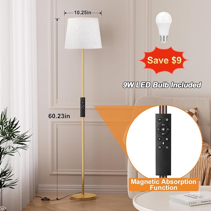 【Upgraded Floor Lamps for Living Room, Modern Floor Lamp with Remote Control, Dimmable Colors Temperature Standing Lamp Foot Switch, 9W Bulb Tall Lamps for Bedroom Office Kid Room - Gold