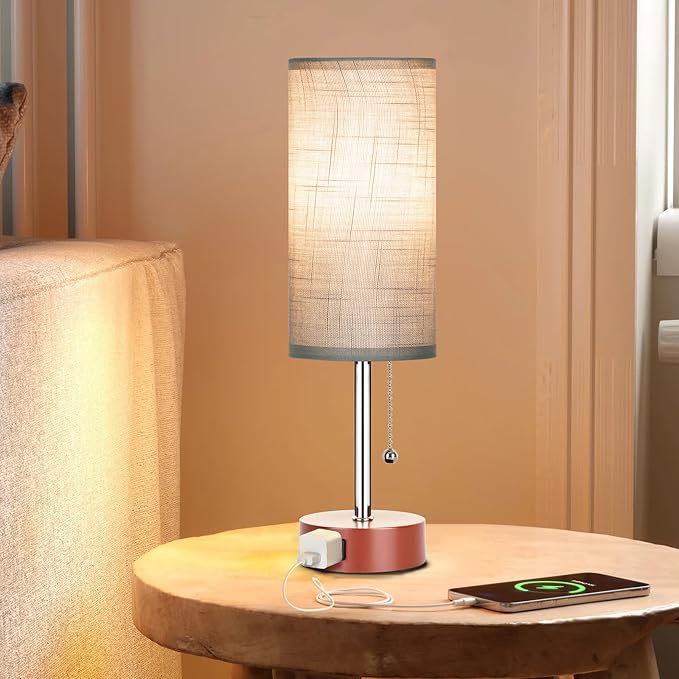 Dott Arts Table Lamp for Bedroom, 3-Color Bedside Lamps with Pull Chain, Bedroom Table Lamps for Nightstand,AC Outlet Small Lamp for Living Room, Bulb Included Grey Striped