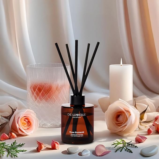Room Scent Diffuser with Reed Diffuser Oil – Rose, Peony, Raspberry, and White Cedar – Long-Lasting Alcohol-Free Aromatherapy for Home, Bathroom, Bedroom & Living Room – 150ml