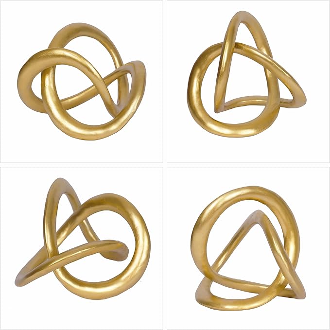 Gold Knot Statue Decor Gold Modern Geometric Sculpture Home Decor Unique Round Knick Knacks Shelves Decorative Abstract Cube Golden Centerpiece for Living Room Shelf Office Coffee Table Decoration