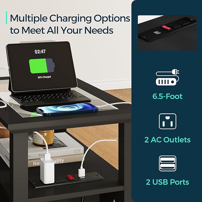 LINSY HOME Narrow End Table with Charging Station, Side Table with Glass Top, Open Shelf, and 2 Drawers, Small Sofa Table with Storage for Living Room, Black