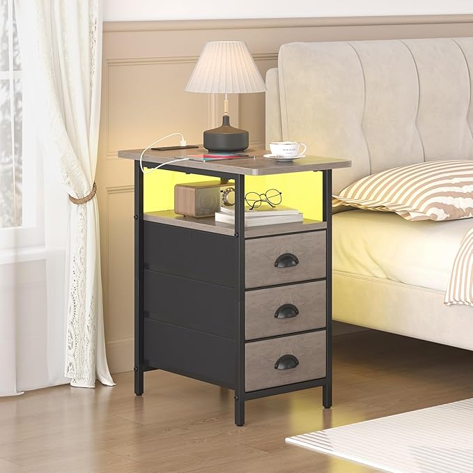 End Table with Charging Station,LED Side Tables with USB Ports and Outlets,Narrow Nightstands Bedside Tables with 3 Drawers for Small Space,Slim Sofa Table for Livingroom,Grey