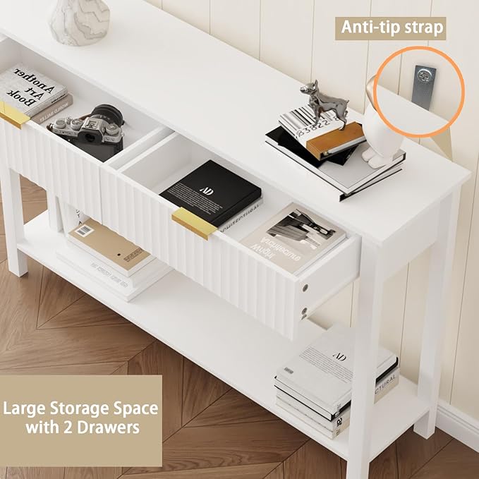 47.2" White Entryway Console Table with 2 Fluted Drawers and Gold Handles, Modern Sofa Table with Storage Shelf for Living Room and Hallway