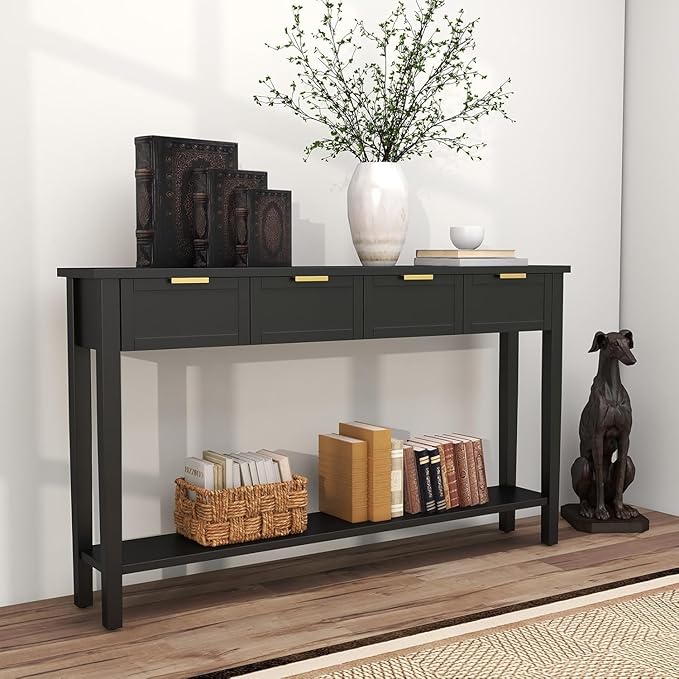 Long Console Table for Entryway with 4 Drawers, 60 Inch Entryway Table w/Open Shelf and Handmade Metal Handle, Narrow Foyer Sofa Table for Living Room, Bedroom, Hallway, Black