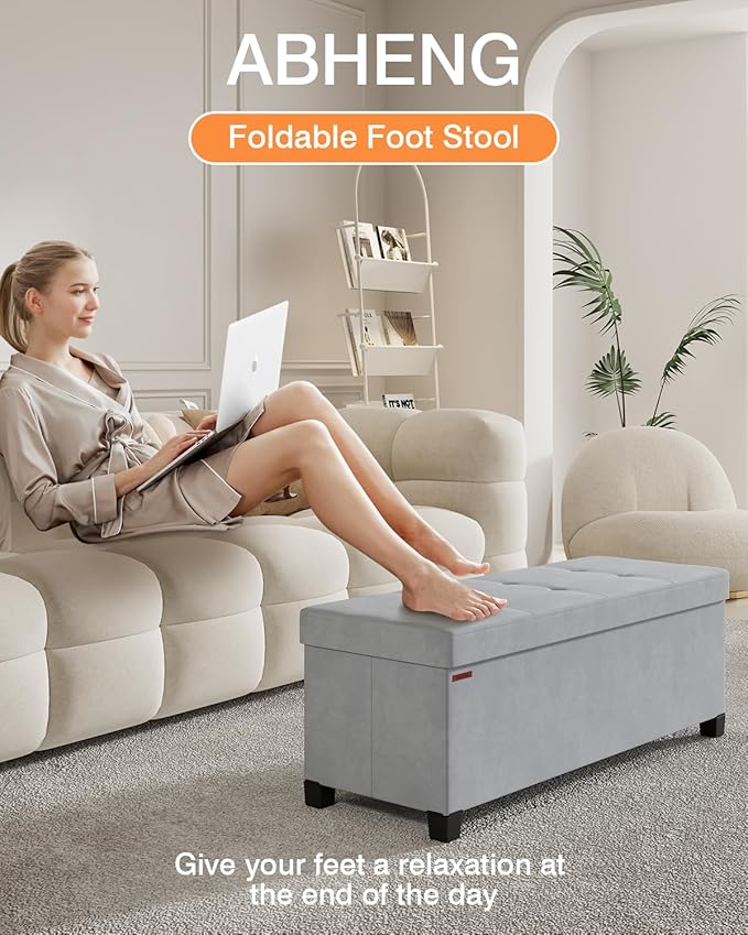 Foldable Storage Ottoman Bench, Velvet Footrest and Seat Cube with Feet, Storage Chest, for Living Room, Bedroom and Office, 15 x 43 x 15.7 Inches, Dove Gray, ASND24G