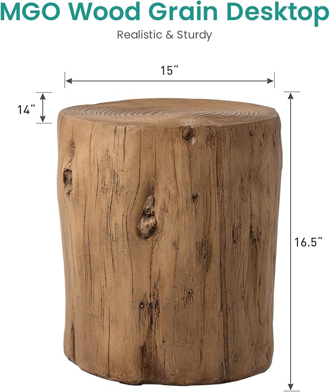 SUNBURY Outdoor Stump Side Table, Faux Wooden Concrete Side Table, Tree Stump Wooden Stool, Patio End Table, Round Outdoor Accent Drum Table, Light Brown Ottoman or Plant Stand