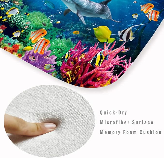 Bath mats in Bathroom and Kitchen Sponge Foam Carpet absorbs Soft (71 x 24 inches), Flange mats in Bedside and Living Room are Non Slip and Bright 3D Printing (Dolphin Underwater World)