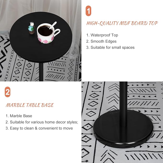smusei Drink Tables for Small Spaces Pedestal Side Table Set of 2 Small Round Side Tables with Marble Base Black Pedestal Stand for Sofa Couch Chair Patio, Black