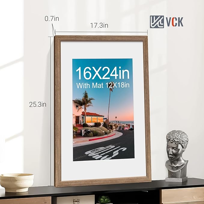 VCK 16x24 Poster Frame 2 Pack - Walnut, High-End Wood Picture Frames with Polished Plexiglass, Display 12x18 Photo with Mat or 16x24 without Mat, Art Gallery-Quality, Wall Hanging, Walnut