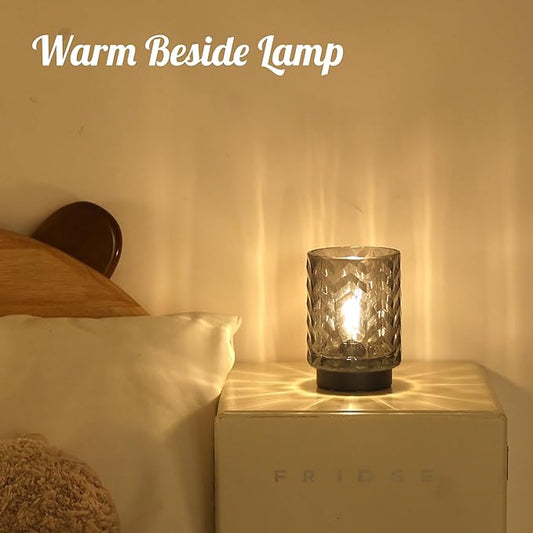 Battery Operated Lamp with Timer, Small Table Lamp for Office Desk Decor, Glass Cordless Lamp Bedside Cozy Light for Living Room Aesthetic, Entryway Wave Design-Grey