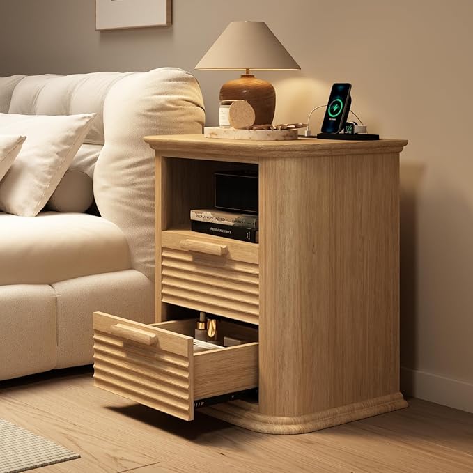 23'' Fluted Nightstand with Charging Station Set of 2, Modern End Table with 2 Drawers and Storage, Wood Night Stand with Round Corner, Side Table for Bedroom, Living Room, Curved Profile, Natural