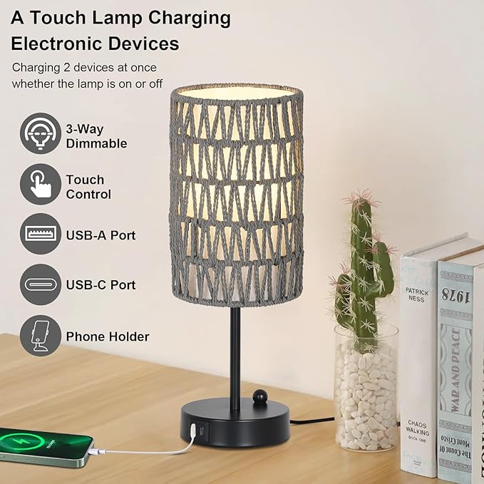 Gray Bedside Lamps Set of 2, Touch Control Night Stand Lamp for Bedroom with Rattan & Linen Shade & Bulbs, 3 Way Dimmable Small Boho Table Lamps with USB Charging Port & Phone Stand