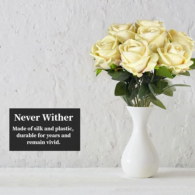 10 PCS Artificial Roses with Long Stems Silk Flowers Realistic Foam Flowers Fake Roses for Valentine's Day Home Wedding Halloween Decor(Champagne)