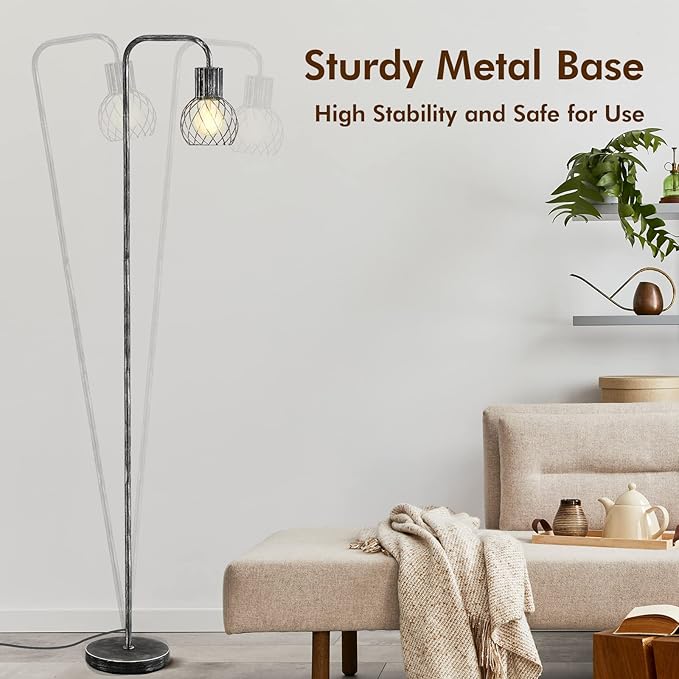 Industrial Floor Lamp, Antique Silver Standing Lamp Modern with 6W LED Bulb, Foot Switch, Metal Tall Lamps for Living Room, Bedroom, Office, Den, Vintage Stand Up Lamp, Minimalist Farmhouse Floor Lamp