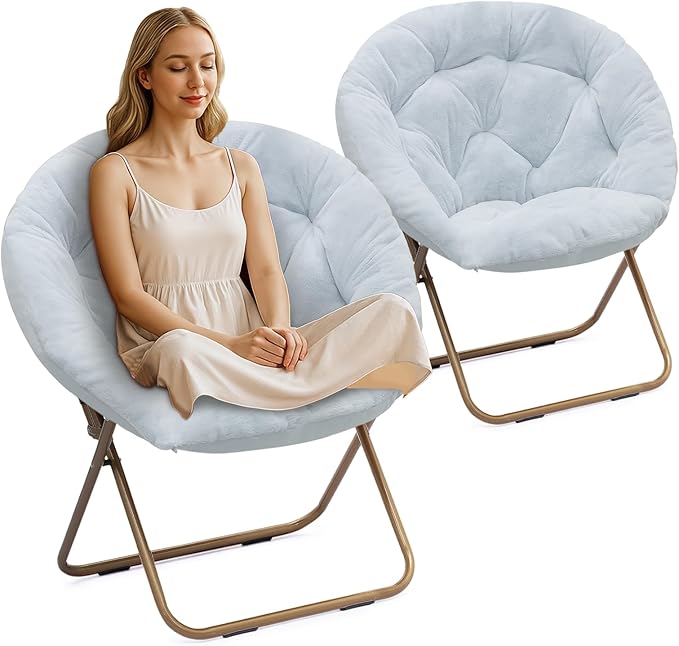 Athena Collection Comfy Saucer Chair Folding Cozy Chair for Bed Room Living Room Accent Chair Faux Fur Reading Chair Foldable Metal Frame Lazy Chair Moon Chair for Adult Set of 2, Blue