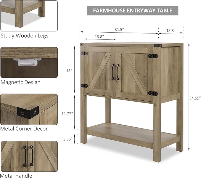 Sofa Table Console Table,Coffee Bar Cabinet,31.5 L x 13.8 D x 34.65 H Entryway Table with 2 Storage Cabinets,Farmhouse Foyer Table,Buffet Sideboard for Kitchen,Hallway (Rustic Brown)