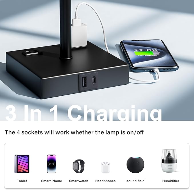 17.4In Tall Table Lamps for Bedroom Set of 2 - 3 Color Bedside Lamps with AC Outlets and USB Ports for Charging, white and Black Square Night Stand light, End DeskLamp for Living Room/Dorm/Office