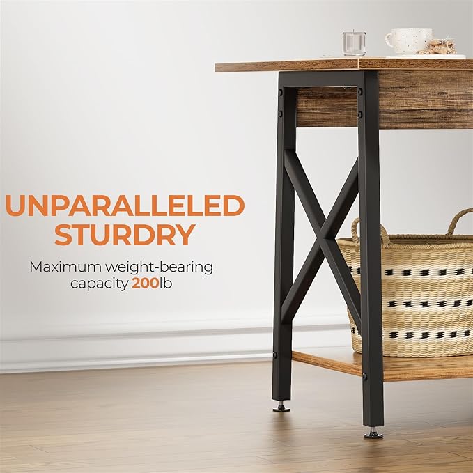 GreenForest End Table 24 inch for Living Room, Large Square Side Tables with X-Frame, Tall Industrial Bedside Nightstand with 2-Tier Storage, Rustic Walnut