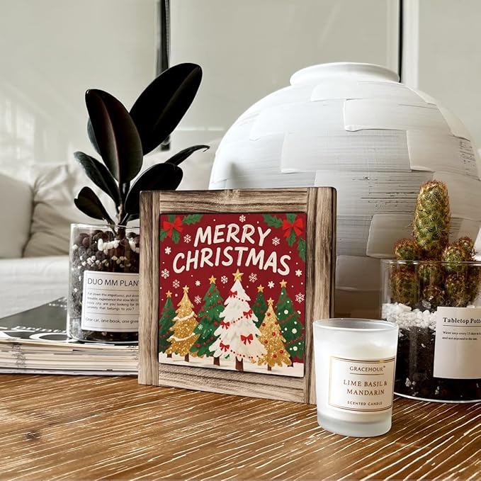 Merry Christmas Decoration Gift, Christmas Tree Decor Art, Decorative Wooden Box Sign, Modern Farmhouse Home Decor, Xmas Trees Decoration for Home Office Cafe Bar Club
