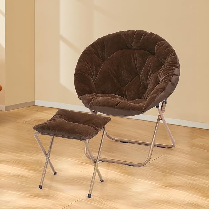 Athena Collection Saucer Chair with Ottoman Comfy Chair for Bed Room Living Room Folding Round Cozy Chair Faux Fur Metal Frame Foldable Lazy Chair Accent Chair Reading Chair Set of 2, Brown