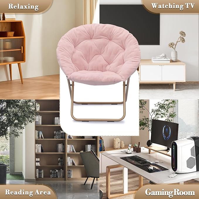Athena Collection Saucer Chair with Ottoman Comfy Chair for Bed Room Living Room Folding Round Cozy Chair Faux Fur Metal Frame Foldable Lazy Chair Accent Chair Reading Chair Set of 2, Pink