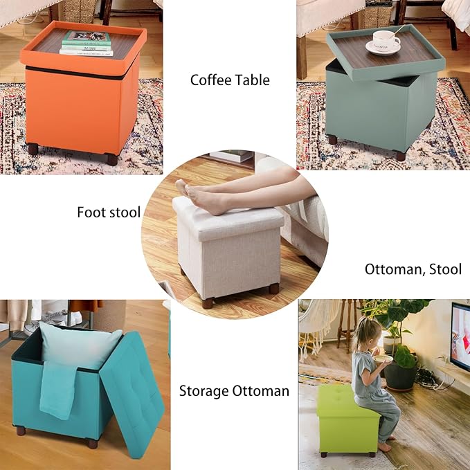 Storage Ottoman, Ottoman with Storage for Living Room Ottoman Square Tray Bedroom Cube Foot Rest Stool with Legs Small Ottomans Coffee Table Lid Foldable Footstool Faxu Leather 15" in (Green)