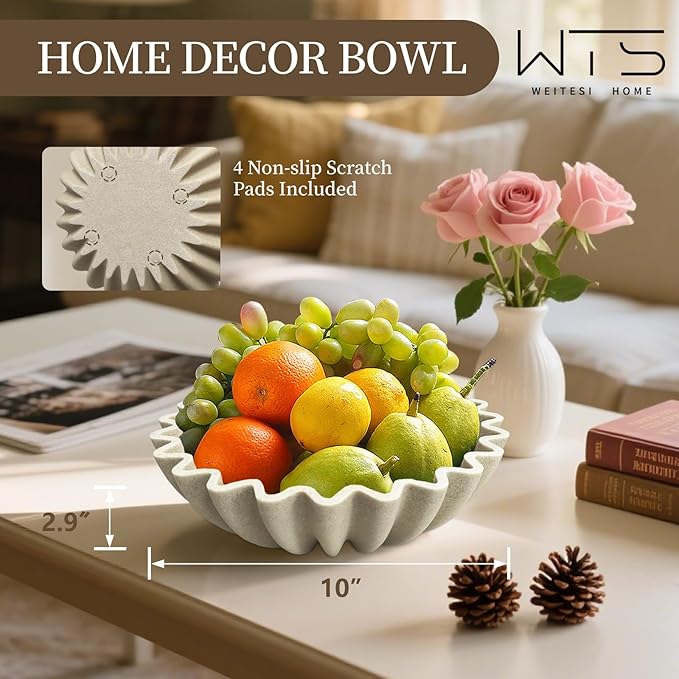 Decorative Fruit Bowl for Kitchen Counter, Large Decorative Bowl Modern Handicraft Bowl for Home Decor, Stylish Key Bowl for Entry Table, Coffee Table Decor, Home Decor Accent, Artificial Stone Beige