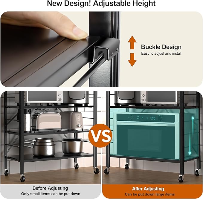 5 Tier Foldable Storage Shelves, Expandable Folding Shelving Units with Wheels, Changeable into 2 Shelf Units, Collapsible Adjustable Storage Rack Metal Shelves for Storage, Pantry, Garage, Kitchen
