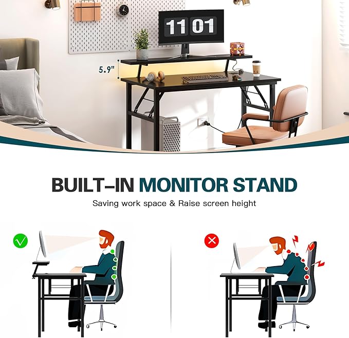 DlandHome Computer Desk 47’’ with LED Lights & Power Outlets,Folding Desk with Monitor Stand, Writing Desk Home Office Desk, Fully Assembled,Black
