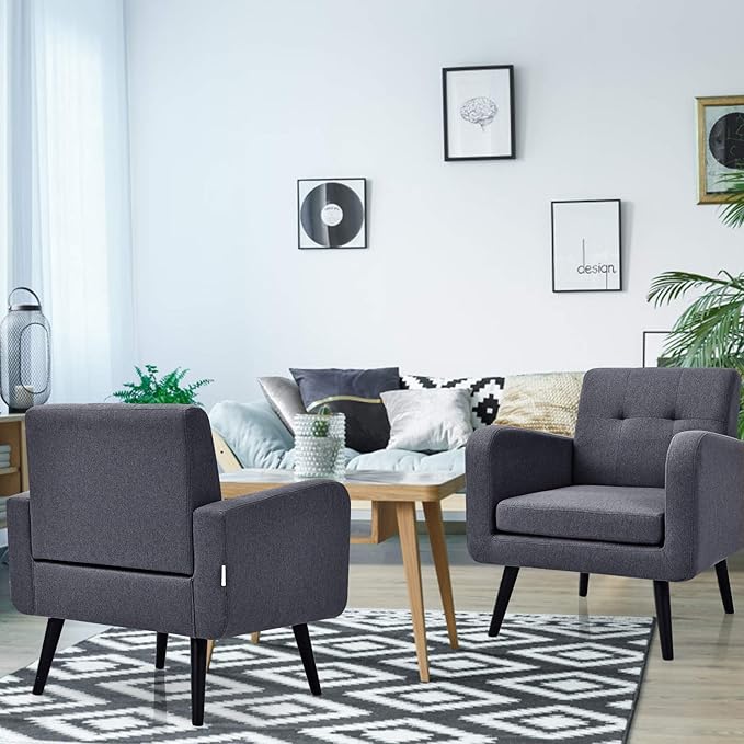 Giantex Upholstered Accent Chair Set of 2, Modern Mid Century Linen Fabric Living Room Chair with Arms, Max Load 265 Lbs, Comfy Tufted Single Sofa for Reading, Bedroom, Office, Club, Grey