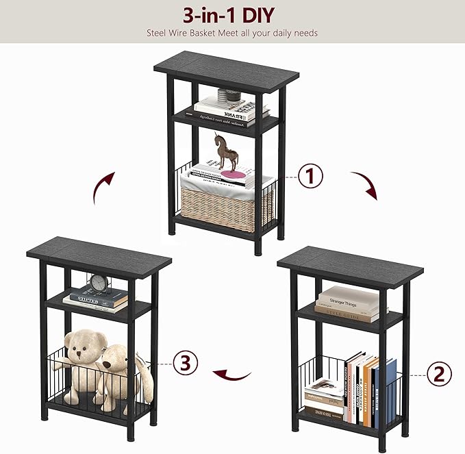 Heybly Small Narrow Side Table for Small Space, Thin Bedside Table with Storage Basket, Skinny End Table, 25.2" Tall Nightstand, Couch Table for Living Room, Bedroom, Study, Kitchen, Black, HET004BK1