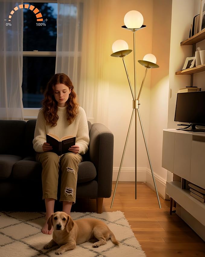 Lightdot Tripod Floor Lamp Dimmable Globe Floor Lamps with 3 LED Bulbs, 3000K Soft Warmwhite Mid Century Modern Standing Lamps Gold Tall Lamp for Living Room Bedroom