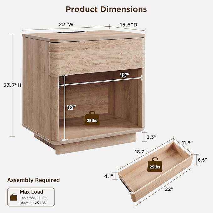 ACCOHOHO Modern Nightstand with Charger Station, 22" Wide Night Stand with Storage Drawer & Open Shelf, Large Bedside Table for Bedroom, Wood End Table, Curved Profile, Natural Oak