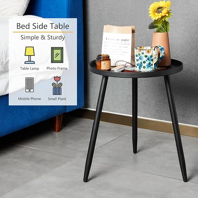 Decent End/Side Tables - Small Round Accent Table, Metal Black Narrow Night Stands with 3 Legs, Ideal for Any Room-Side Tables Living Room, Bedroom, Tall Plant Stand Balcony, Indoor & Outdoor