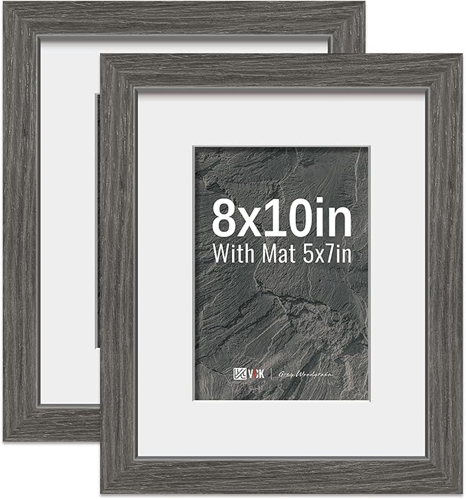 VCK 8x10 Picture Frame 2 Pack - Grey, High-End Wood Poster Frames with Tempered Glass, Display 5x7 Photo with Mat or 8x10 without Mat, Art Gallery-Quality, Wall Hanging/Tabletop, Grey