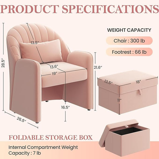 Yaheetech Small Accent Barrel Chairs for Living Room, Velvet Cute Reading Corner Chair with Storage Footrest Lumbar Pillow for Bedroom Small Space Pink/Set of 1