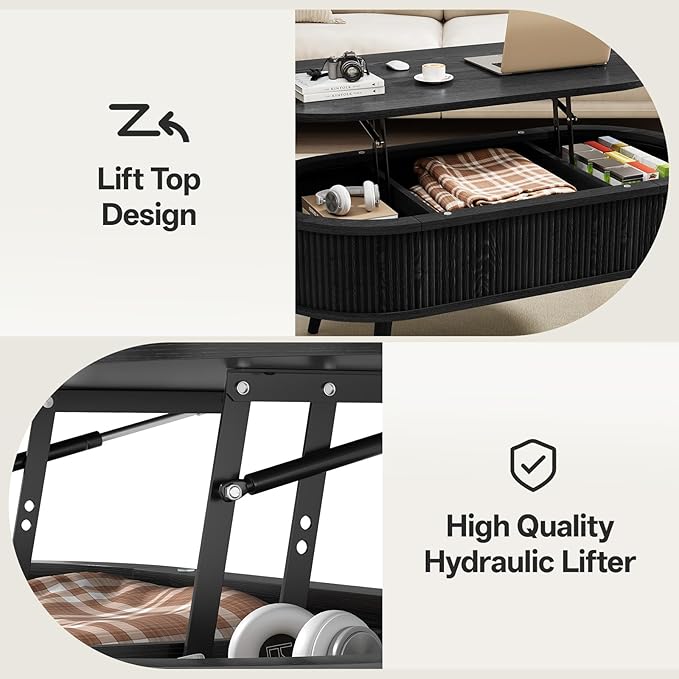 Mid Century Oval Coffee Table, Fluted Center Table with Lift Top, Modern Dining Table with Storage for Living Room Home Office, 39.4", Black