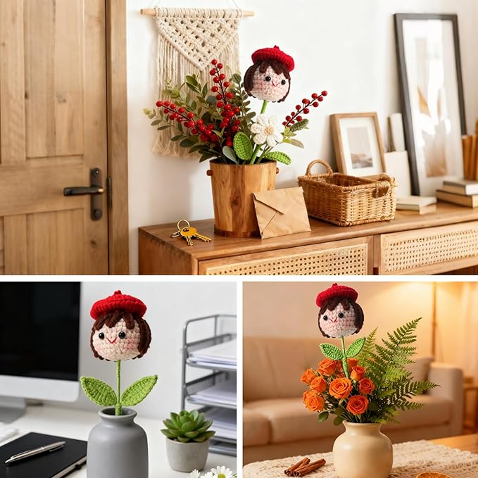 Crochet Handmade Flower Doll Bouquet Gift for Her, DIY Knitted Gifts for Home Office Desk Decor, Gift Ideas for Daughter Girl Girlfriend