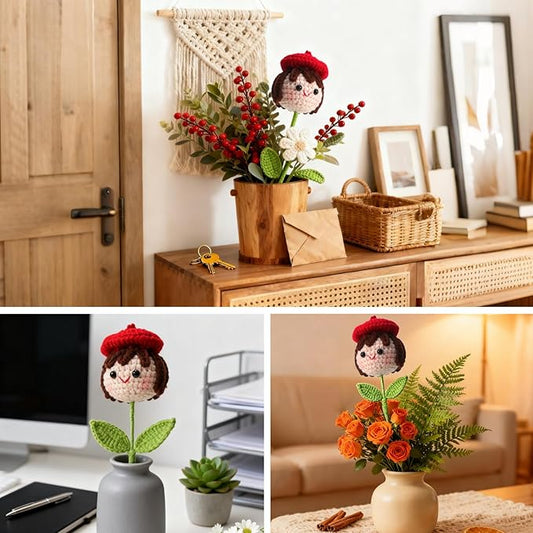 Crochet Handmade Flower Doll Bouquet Gift for Her, DIY Knitted Gifts for Home Office Desk Decor, Gift Ideas for Daughter Girl Girlfriend