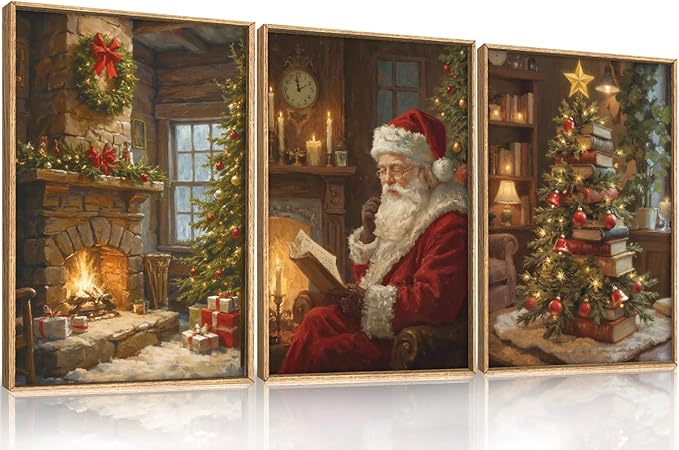 BICERE Large Vintage Christmas Framed Canvas Wall Art Set,Santa Reading Book Wall Decor,Retro Xmas Tree Art Prints,Snowy Winter Fireplace Artwork for Living Room,Bedroom,Farmhouse -24"x36"x3