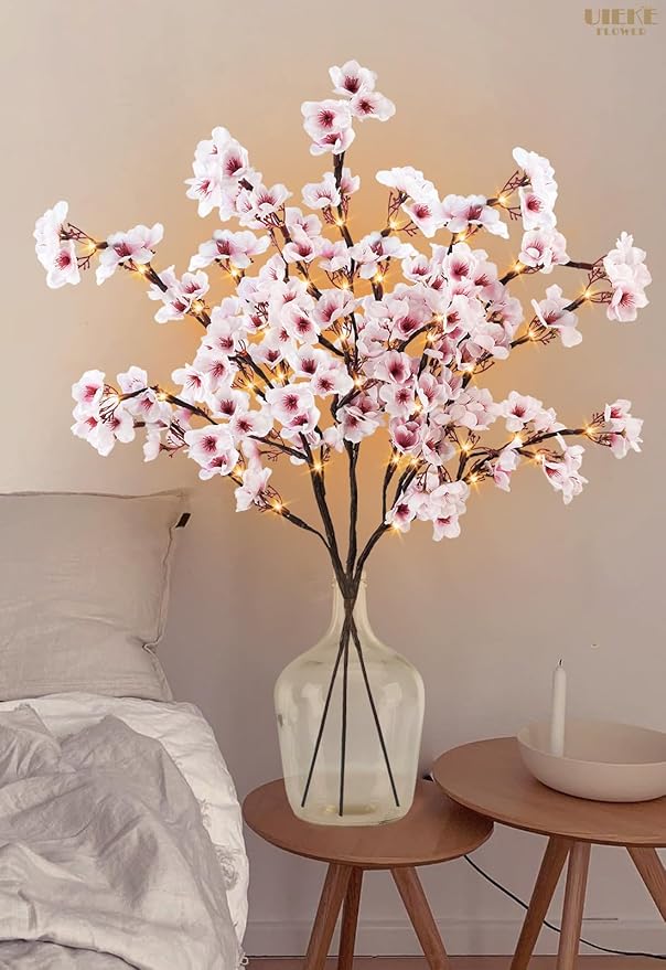 Uieke 3PCS Lighted Cherry Blossom Branches, 30in Artificial Cherry Blossom Flowers with 60 LED Lights Timer Battery Operated Lighted Twig Branches for Vases Wedding Party Home Indoor Decor