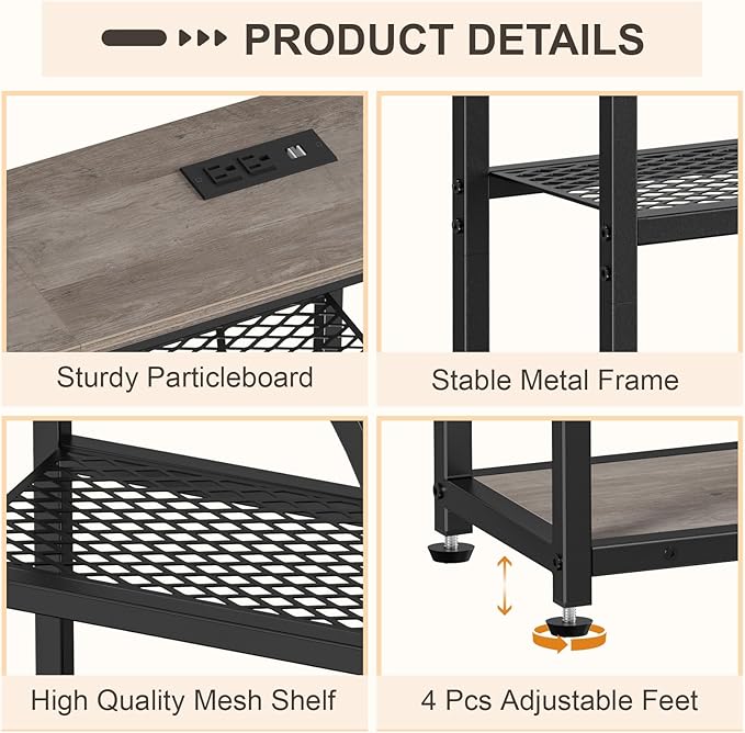 Snughome Entryway Table, Console Table with Charging Station, Industrial Narrow Sofa Table with 5 Tier Storage Shelves, Entrance Table for Hallway, Living Room, Foyer, Grey