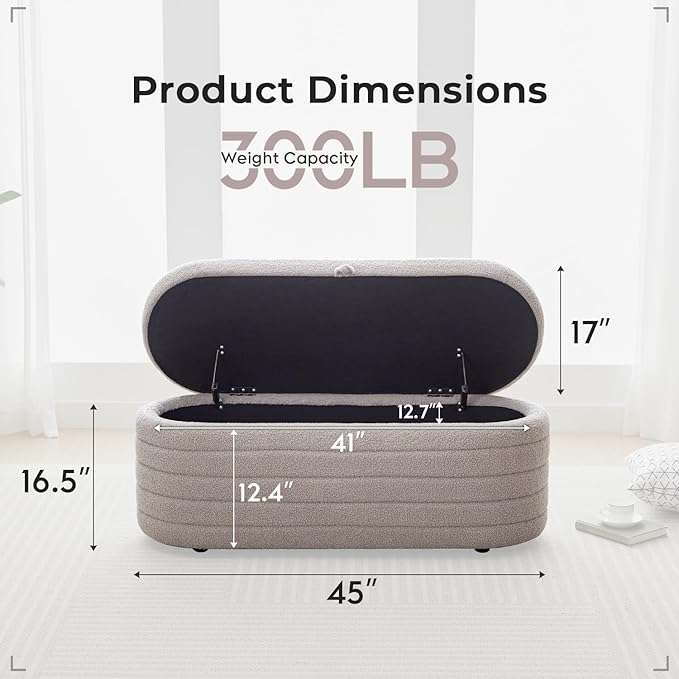 Storage Ottoman Bench End of Bed for Bedroom,45 inch Boucle Upholstered Entryway Shoe Seat Bench w/ Storage,Sherpa Modern Cute Padded Blanket Chest Stool Foot Rest for Living Room,Window Seating, Grey