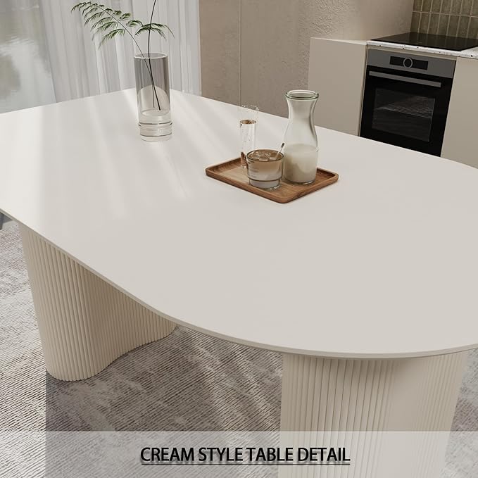 63'' Dining Table, Cream White Modern Kitchen Table, Oval Dining Room Table and Chairs Set of 4-6, Indoor Dining Table for Kitchen, Bar, Living Room, Breakfast Nook